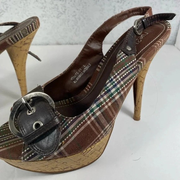 Rue 21 Brown & Teal Pin Stripe Open Toed Heels - Picture 6 of 11